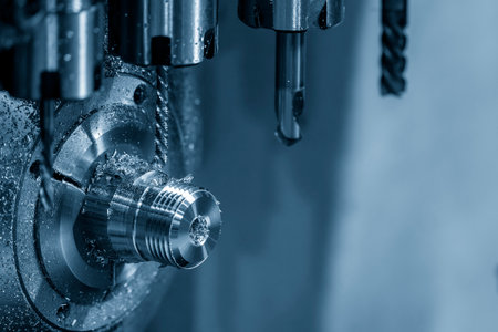 The multi-tasking CNC lathe machine swiss type tapping the metal pipe connector parts. The high technology metal working with CNC turning machine.の写真素材