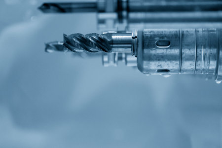 Close-up scene the flat end mill cutter for CNC milling machine. The  cutting  tool for machining center.の写真素材