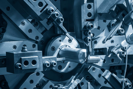 Close up scene the coil spring machine in light blue. The mechanical parts manufacturing concept.