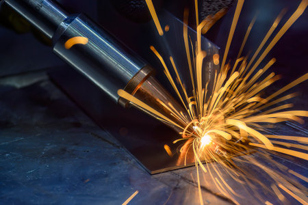 Close up scene the welding process with the sparking light. The construction working concept.