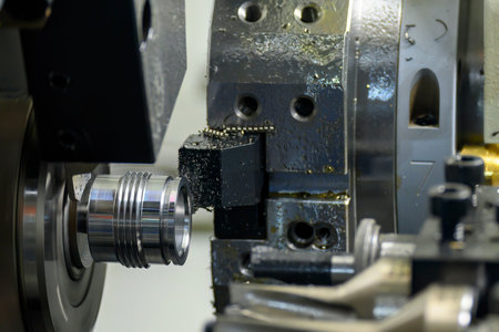 The multi-tasking CNC lathe machine swiss type thread cutting the metal pipe parts. The high...