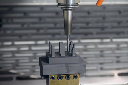 The CNC milling machine finish cutting the graphite electrode parts with solid ball end mill. The...