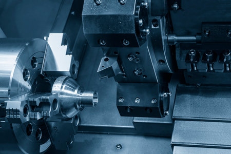 The CNC lathe machine thread cutting at the end of metal cone shape parts. The hi-technology metal working processing by CNC turning machine .の写真素材