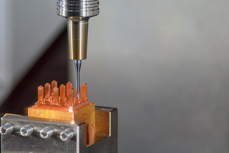 Close up scene the CNC milling machine cutting the copper electrode parts with solid ball end mill. The mold and die manufacturing process by CNC machining center.の写真素材