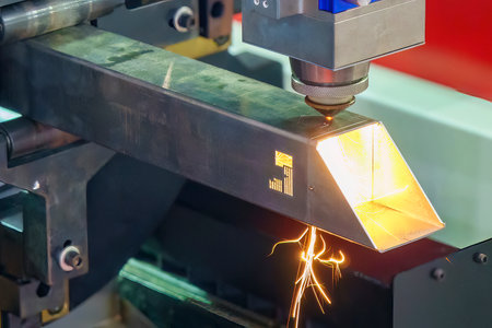The fiber laser cutting machine cutting  machine cut the square stainless steel tube. The hi-technology sheet metal manufacturing process by laser cutting machine.の写真素材