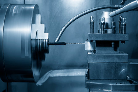 The CNC lathe machine  make a hole on  the small shaft parts with drilling tool. The hi-technology metal working processing by CNC turning machine .の写真素材