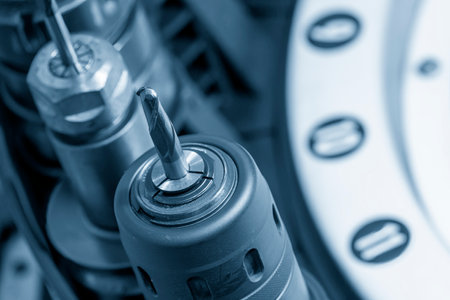 The ball end mill  tool in the tool magazine of machining center. The automatic toll change ,ATC operation concept on the CNC milling machine.の写真素材