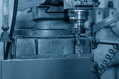 The drilling process on NC milling machine with brass material. The metal working concept on the...