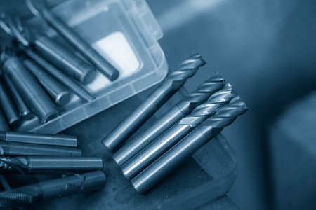 Close-up scene group of the high speed flat end mill for CNC milling machine. The  cutting  tool for machining center.の写真素材