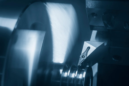 Close up scene the chip insert tool operation on CNC lathe machine. The  CNC lathe machine V-groove   cutting operation.の写真素材