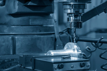 The drilling process on NC milling machine with automotive parts. The metal working concept on the milling machine.の写真素材