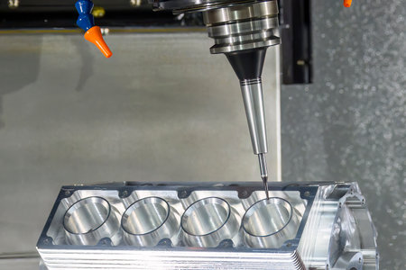 Close up scene the 5-axis machining center cutting the V8 engine cylinder block with solid ball end mill tool. The hi-precision automotive manufacturing process by multi-axis CNC milling machine.の写真素材