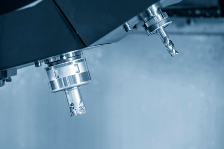 The indexable tool and flat end mill in the tool magazine. The automatic toll change ,ATC operation concept on the CNC milling machine.の写真素材