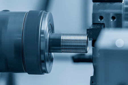 Close up scene the CNC lathe machine thread cutting at the end of metal pipe parts. The hi-technology metal working processing by CNC turning machine .の写真素材