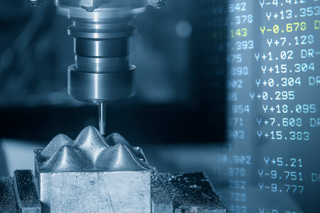 Abstract scene CNC milling machine and G-code data background. The mold parts cutting process by machining center with solid ball end mill.の写真素材