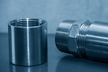 Close up scene the set of pipe connector parts made from stainless steel 304 grade . The plumber part manufacturing concept.の写真素材