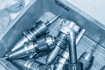 The group of various size of cutting tools in the container box. The hi-speed cutting tool for hole processing.の写真素材