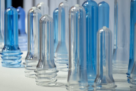 Close up scene of group of preform shape of PET bottle products. The raw material for plastic bottle manufacturing process.の写真素材