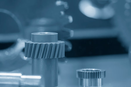 Close-up scene of transmission  gear spare parts in the light blue scene. The abstract scene of gear part of automotive transmission system.の写真素材