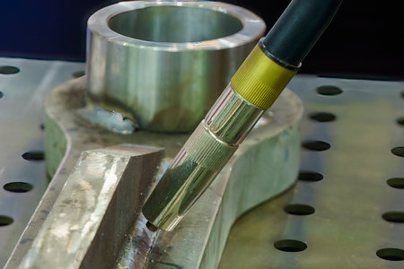 The welding process  by robotic system. The high technology manufacturing concept by automatic system.の写真素材