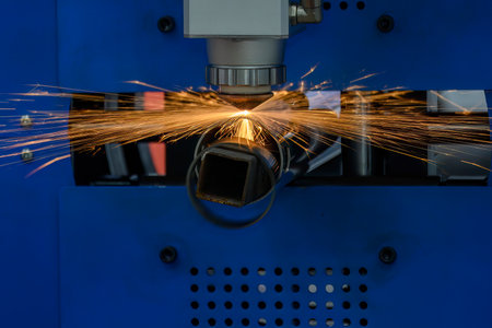 Close up scene the fiber laser cutting machine cutting  machine cut the stainless steel tube. The...