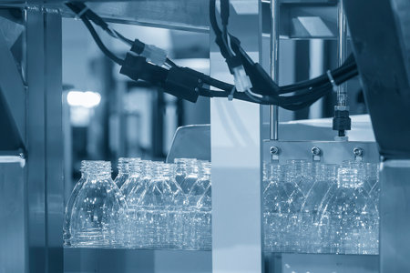 Close up scene of the empty drinking water bottles  on the conveyor belt for filling process. The...