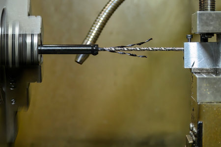 The  small hole drilling process on turning machine with plastic material. The hi-technology metal...
