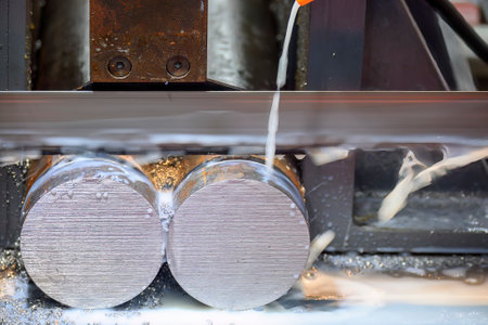 Close up scene the operation of band saw cutting machine cutting the metal shaft parts with coolant method. The machine tool for industrial purpose.の写真素材