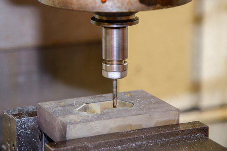 The CNC milling machine cutting injection mold part by solid ball end mill tool in the light blue scene. The mold parts cutting process by machining center with solid ball end mill.の写真素材
