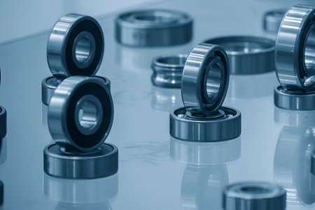 The group of cylindrical rolling bearing parts in light blue scene. The heavy mechanical part manufacturing concept.の写真素材