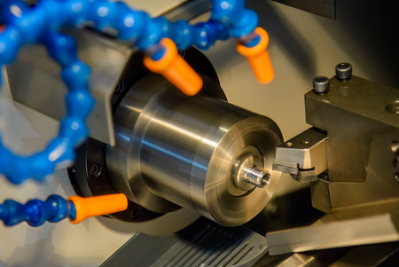 Close up scene the CNC lathe machine thread cutting at the end of metal pipe parts. The...
