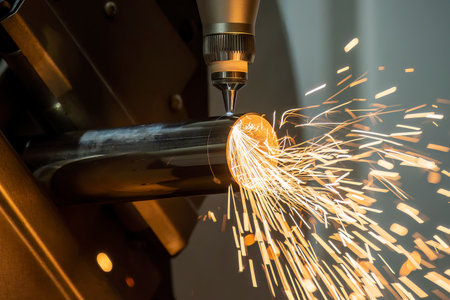 Close up scene the fiber laser cutting machine cutting  machine cut the stainless steel tube. The...