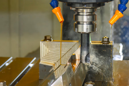 The CNC milling machine rough cutting the mold parts with liquid coolant method. The mold and die...