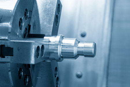 Close up scene the CNC lathe machine thread cutting at the end of metal pipe parts. The hi-technology metal working processing by CNC turning machine .の写真素材