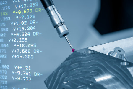 The abstract scene CMM machine measuring the aluminum cylinder head parts and G-code data...