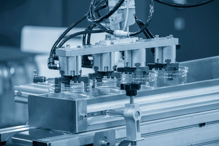 The plastic jar container part gripping by  vacuum robotic system in the conveyer belt. The food...