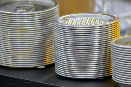 The stack of galvanized aluminum lid. The jar container manufacturing concept.の写真素材