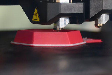 Close up scene the additive manufacturing by 3D printer machine. The high technology manufacturing...