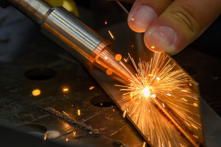 Close up scene the laser welding process with the sparking light. The construction working concept.