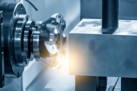 The horizontal CNC milling machine face milling the material with lighting effect. The material...