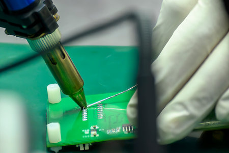 Close up scene the soldering operation by skill operator with rubber finger cot. The repair work circuit board by skill operator.の写真素材