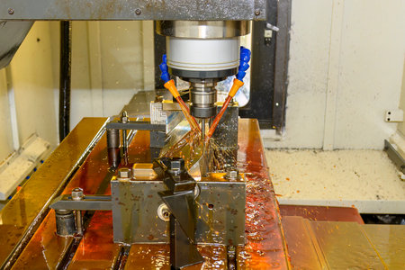 Close up scene the CNC milling machine cutting the shell mold parts with oil coolant method. The...