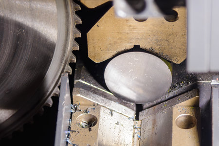 Close up scene the operation of circular blade saw cutting machine cutting the metal shaft parts...