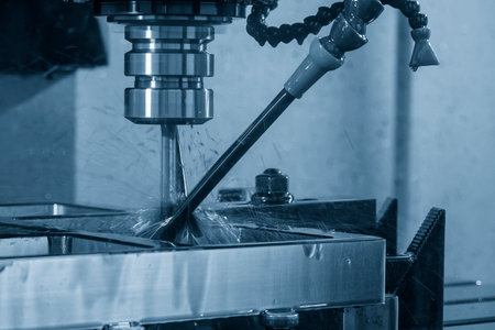The CNC milling machine rough cutting the mold parts with liquid coolant method. The mold and die manufacturing process by CNC machining center.の写真素材