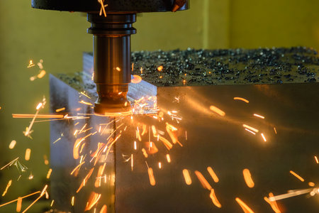 The burning chip from wear cutting tools on CNC milling machine. The rough cutting process on CNC...