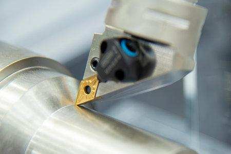 Close up  the  chip insert on the lathe machine in the light blue scene. The high precision mechanical parts manufacturing concept.の写真素材