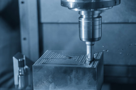 The CNC milling machine rough cutting the injection mold parts by indexable tools. The mold and die manufacturing process by machining center with the solid endmill tools.の写真素材