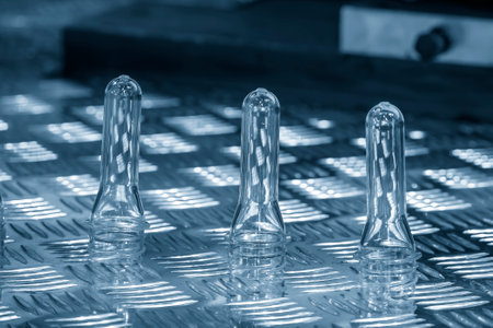 Close up scene of group of preform shape of PET bottle products. The raw material for plastic bottle...
