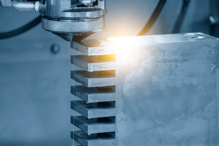 Closeup scene the wire EDM machine cutting the mold insert parts with lighting effect. The die...