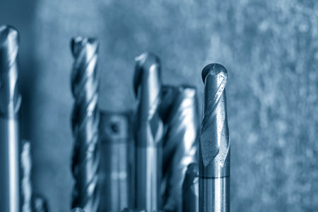 Close-up scene group of the used coating solid end mill. The  cutting  tool for machining center.